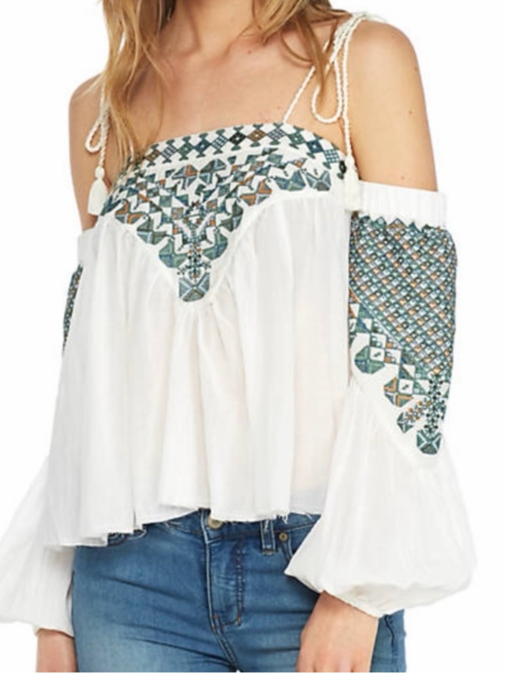 Free People Vacay Vibin Boho Embroidered Smocked Off-the-Shoulder Peasant Top